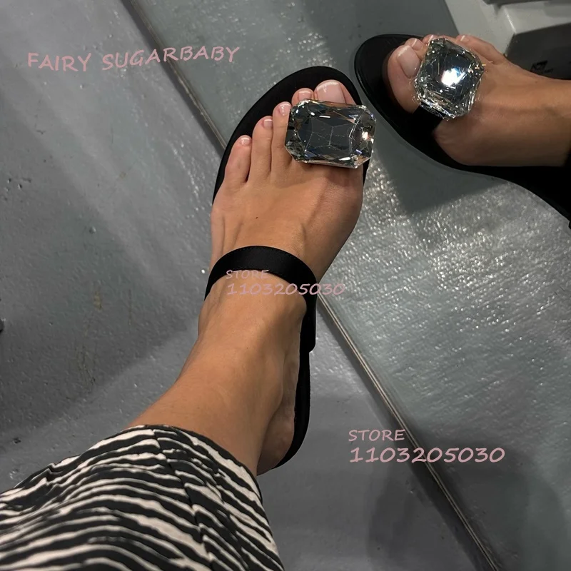 Silver Large Jewel Flat Slippers Black Suede Strap Open Sandals Summer Women Casual Daily Hollow Roman Gladiator Crystal Shoes