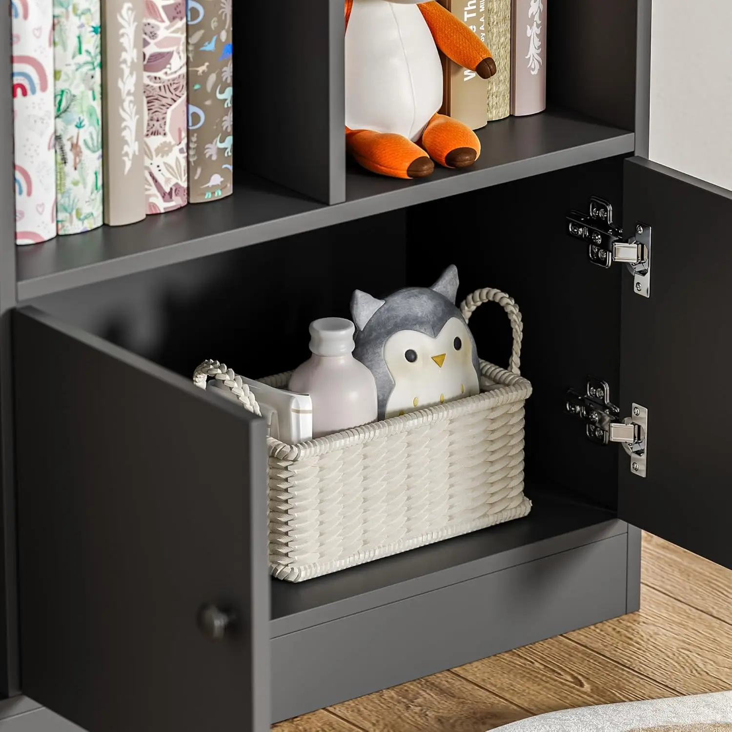 Étagère noire pour enfants, bibliothèque d'exposition avec 11 cubes et 2 armoires, étagères de rangement pour livres autoportantes pour chambre à coucher, salle de jeux