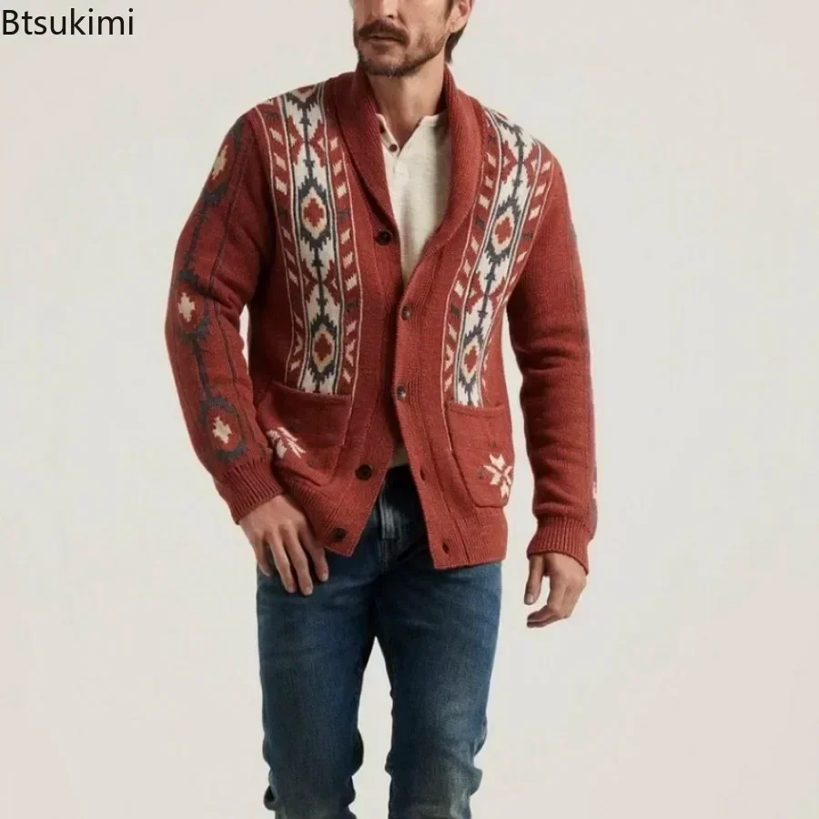 2026 Autumn/Winter Men\'s Sweaters Lapel Retro Jacquard Sweater Coats Man Knitted Cardigan Thicker Warm Sweater for Men\'s Jacket