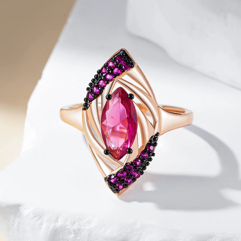 Kinel Hot Shiny Red Natural Zircon Rings for Women Fashion Geometry 585 Rose Gold Color High Quality Daily Fine Vintage Jewelry