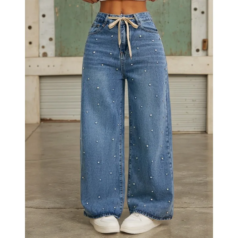 

Новые модные джинсы из бисера, женские летние свободные утягивающие прямые брюки с высокой талией, универсальный широкий пояс длиной до пола, очень модный