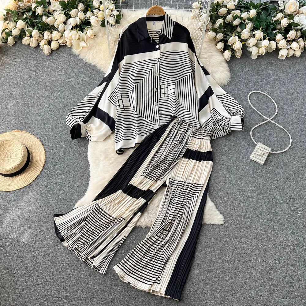 

Fashion Women Pajamas 2-piece Sets Lantern Sleeve Printed Shirt Top + High Waist Casual Wide Leg Pants Two-piece Set Sleepwear