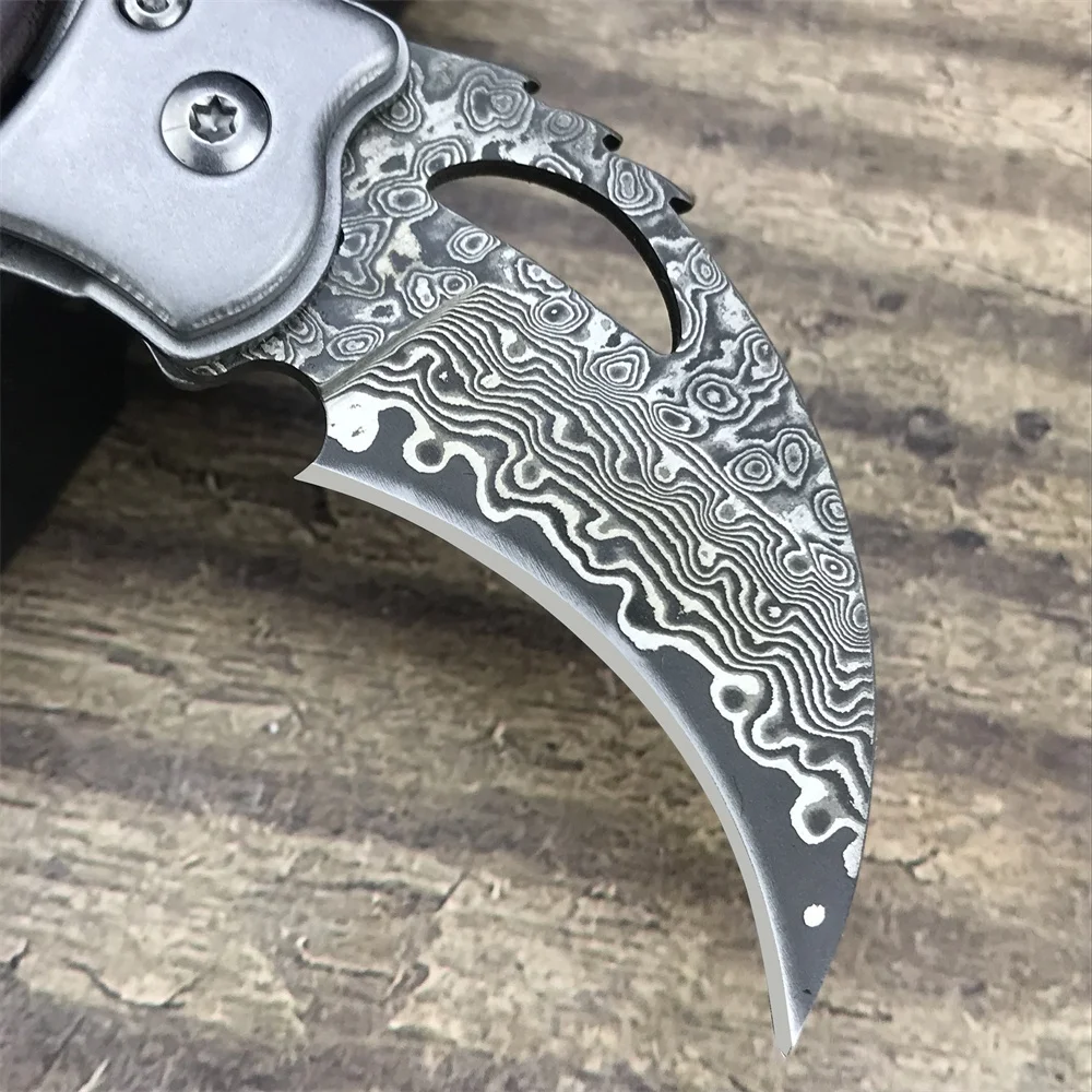 New Small Pocket Damascus Blade Folding Karambit Knife Wooden Handle Portable Outdoor Camping Tactical Utility Survival EDC Tool