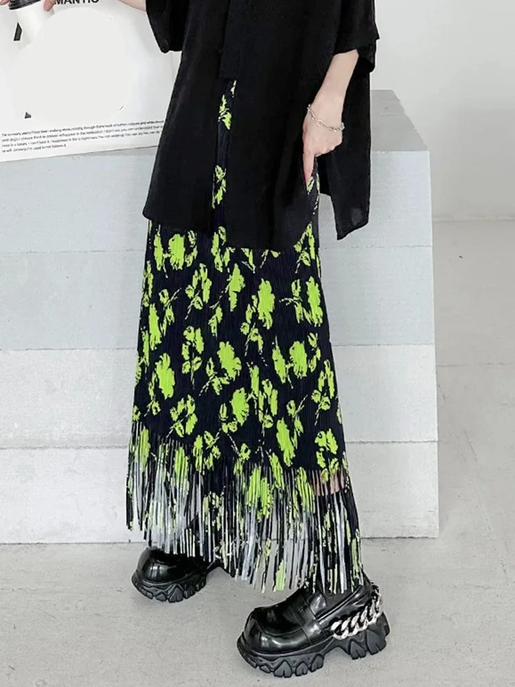 

Fashionable and Stylish High Waisted Green Printed Pleated Fringe Skirt for Women's Clothing 2024 New Spring and Autumn