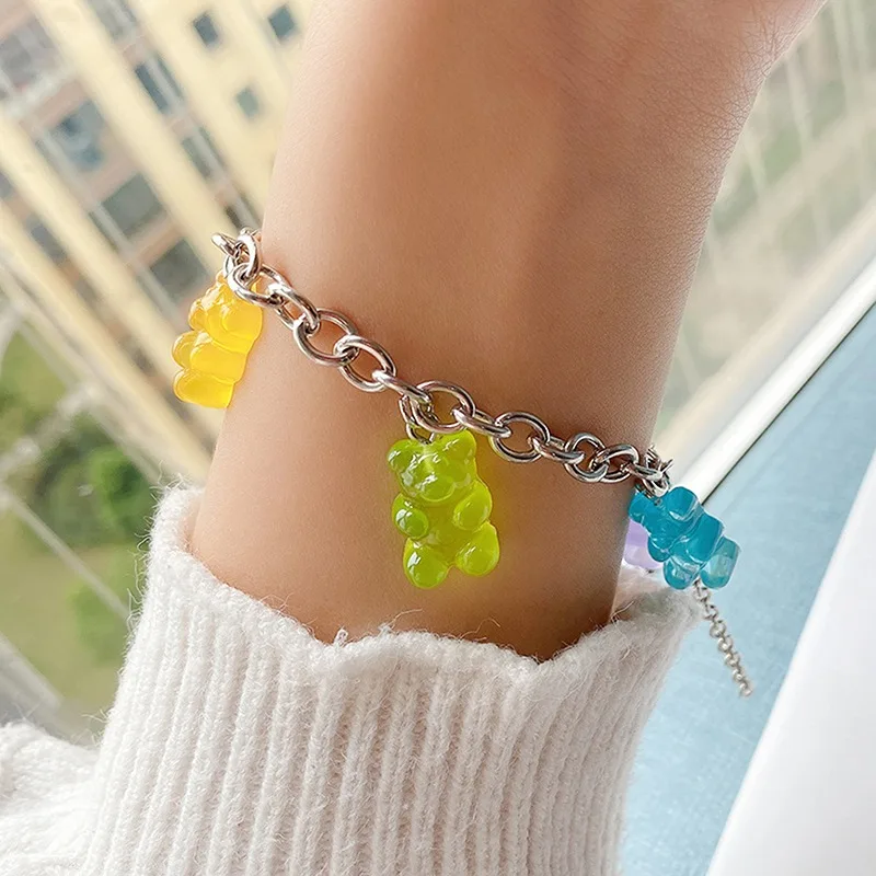 Cartoon Rainbow Candy Bear Ins Colored Gummy Candy Woman Bear Bounce Di Hip Hop Jelly Color Bracelet Girl Bracelet Gift