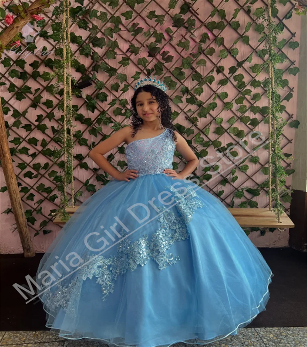 Elegant One-Shoulder Flower Girl Dress Sparkling Applique Fluffy Evening Performance Children's Customizable Event Dress
