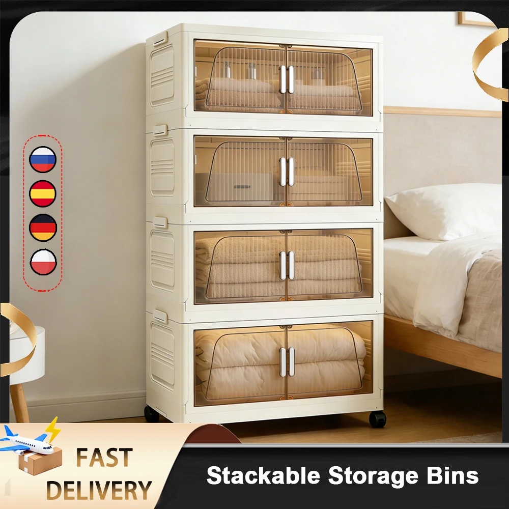 Boîte de rangement pliable à 3/4 niveaux, armoire de rangement en plastique avec portes et roulettes, bacs de rangement empilables, organisateur de maison, conteneur pour articles divers