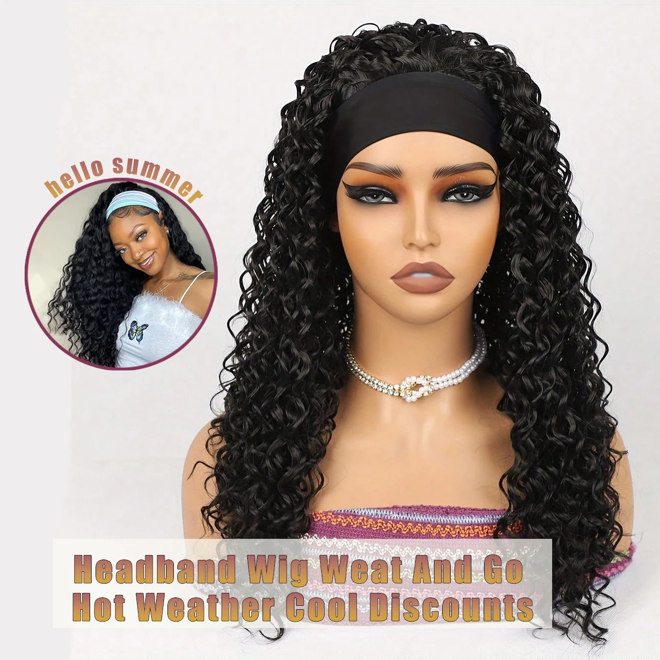 

Throw On & Go Headband Wig Breathable Lightweight Summer Wig Human Hair Deep Wave 16 Inch Curly Headband Wigs Glueless None