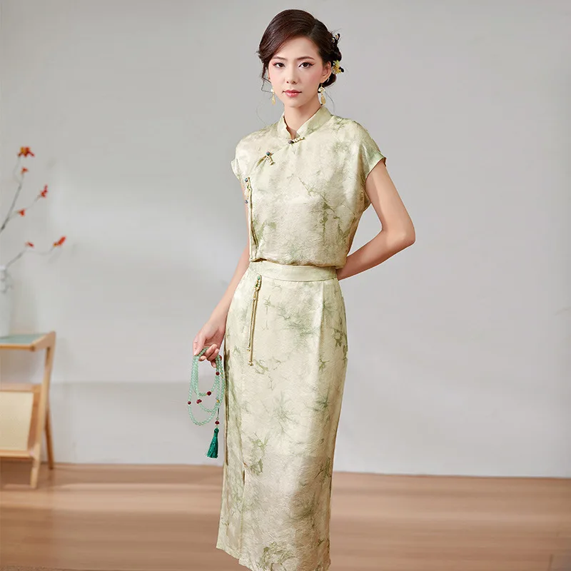 BirdTree, 50%Real Silk Elegant Skirt Set, Women Sleeveless Stand Jacquard, Chinese Retro Temperament Skirt, 2024 Summer S44984QC