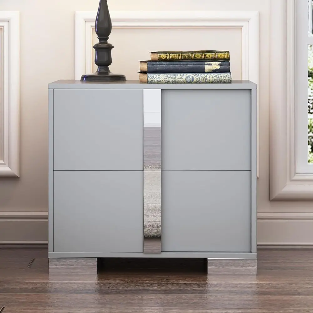 

Elegant Grey Nightstand with Silver Mirror Handles, Ideal for Bedroom or Living Room