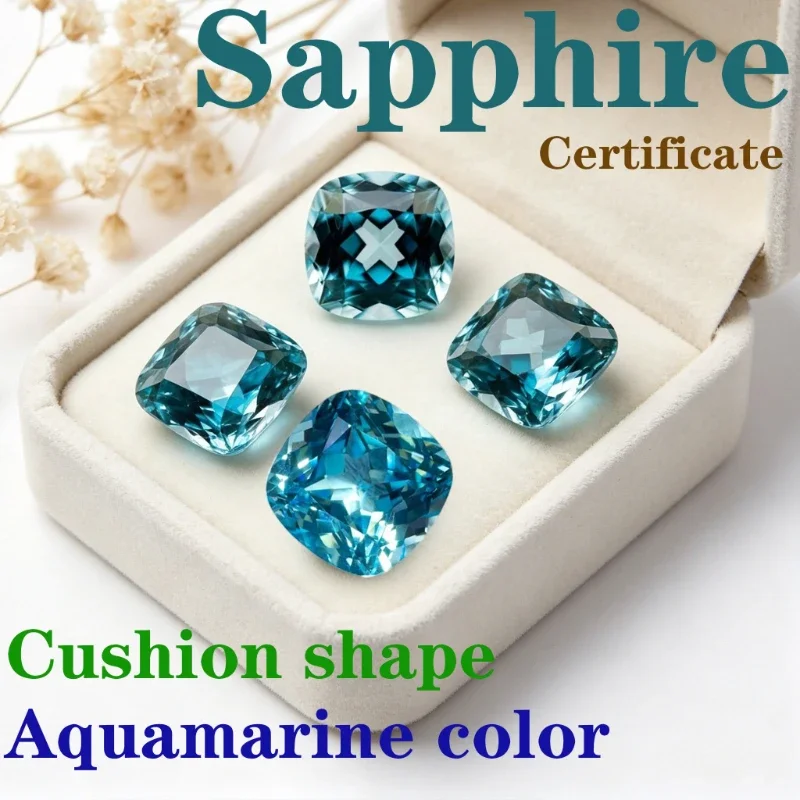 Laborgezüchteter Saphir in Kissenform mit Aquamarin-Farbe und Zertifikat – Detail 1