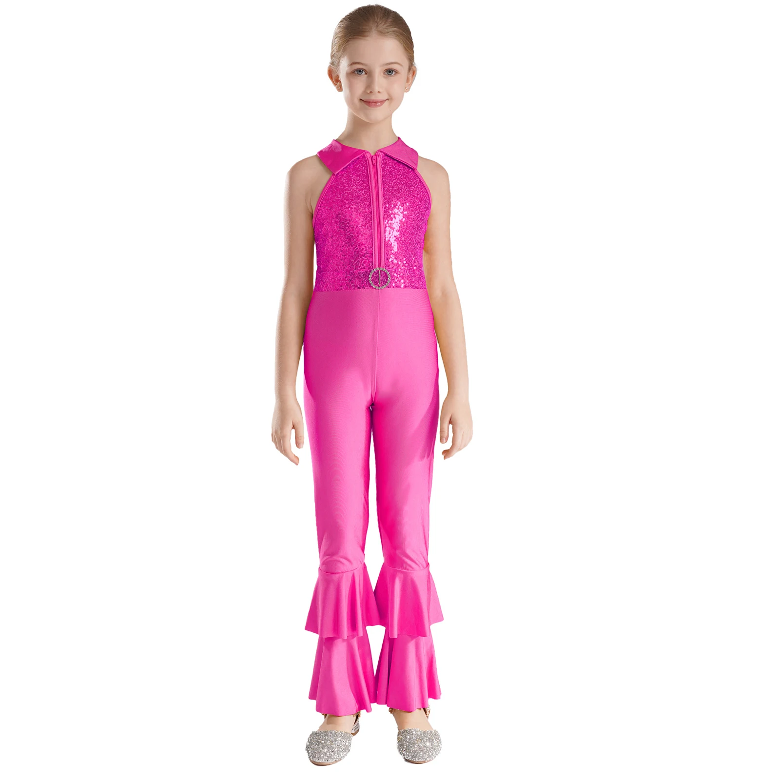 Kids Girls 70s Hippie Disco Jumpsuit Shiny Sequins Metallic Sleeveless Bodysuit with Flared Pants Dancewear Performance Costume