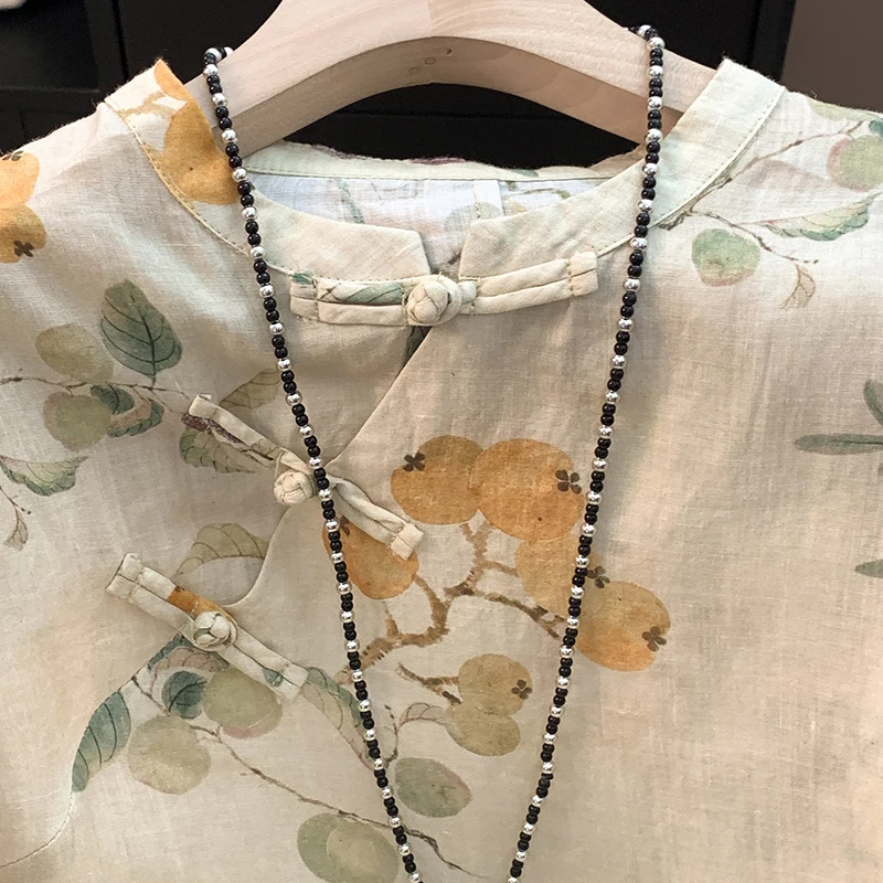 Novo sle chinês ort sve irt camiseta feminina de comprimento médio com estampa de flor de ameixa verão frente aberta bule top algodão linho...