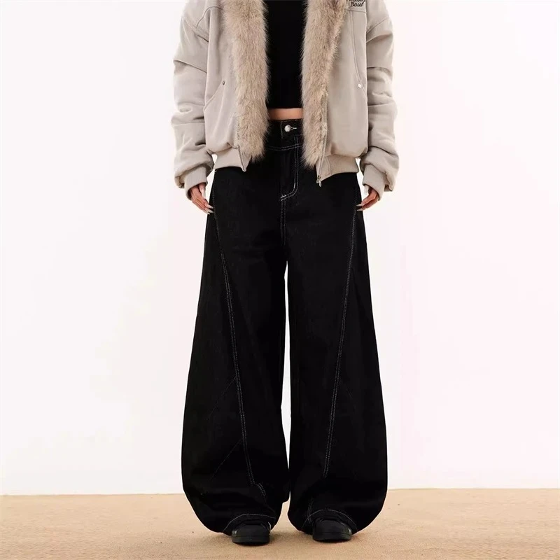 Dames gebogen wijde pijpen losse zwarte unisex jeans Streetstyle broek Cool Girl casual bodems Vrouwelijke hoge taille denim broek