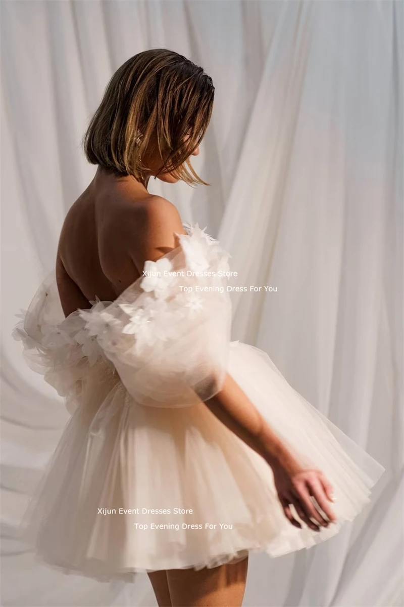 Xijun Elegant Tulle Wedding Dresses Flowers Appliques Sleeves Off The Shoulder Bridal Gowns A-Line Mini Wedding Party Dresses