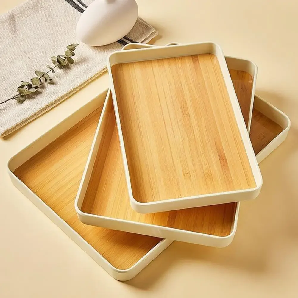 

PP Rectangular Plate Tray Teacups Kettle Water Cups Tray Dinner Plate Household Anti-slip Imitation Wood Grain Flat Bottom Trays