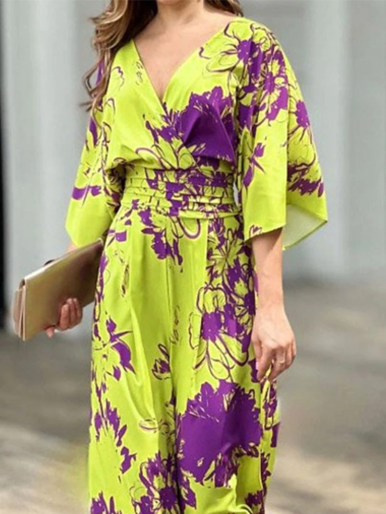 Jumpsuit Motif Elegan Fashion Celana Lebar Pinggang Tinggi Leher-v Lengan Pendek Musim Semi Musim Panas Jumpsuit Liburan Kasual untuk Wanita