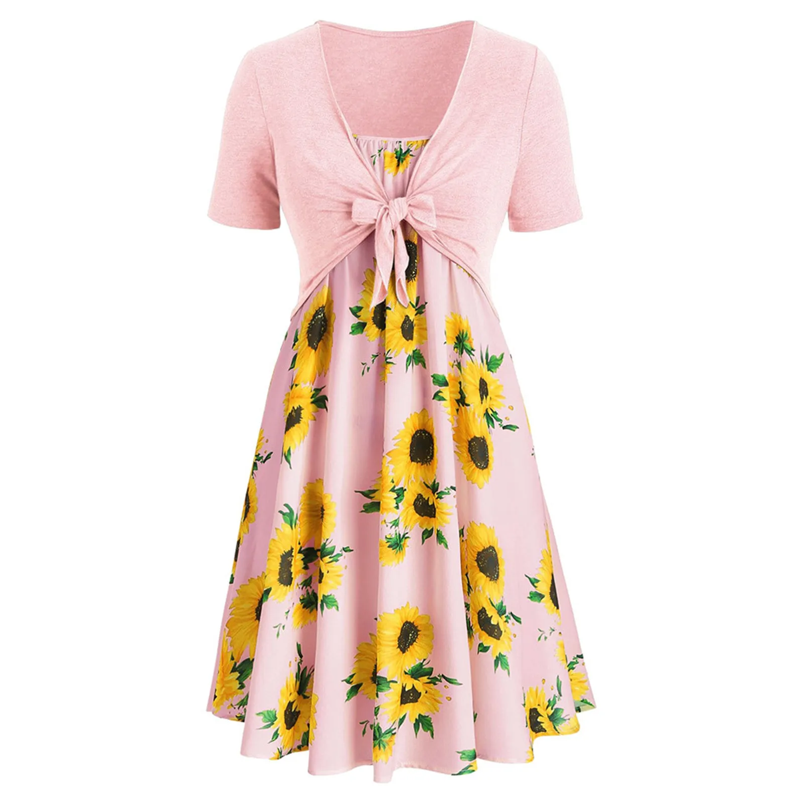 Dresses For Women 2024 Plus Size Short Sleeve Bow Knot Bandage Top Sunflower Print Mini Dress Suit Dress Robe Femme Sexy