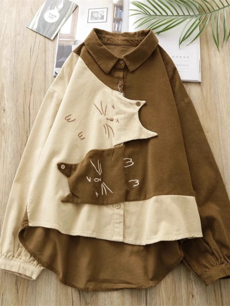 

Japanese Vintage Blouses Long Sleeve Cartoon Embroider Irregular Shirts Corduroy Spring Autumn Tops 2025 Loose Women's Clothing