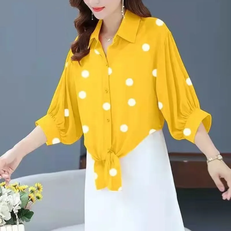 Women\'s Polo Collar 2024 Summer New Korean Commute Printed Ruched Button Cardigan Retro Subtle Short Sleeved Loose Shirts Tops