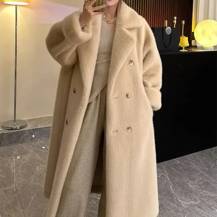 Suit collar long coat 2024 autumn and winter imitation rabbit fur thickened warm high-end environmentally friendly fur coat