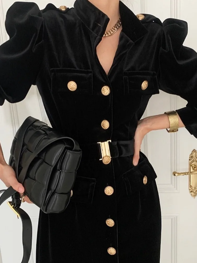 

Elegant Velvet Long Dress Women's Fitted A-Line Skirt Single Button Stand Collar Slimming Workwear Style Korean Fashion