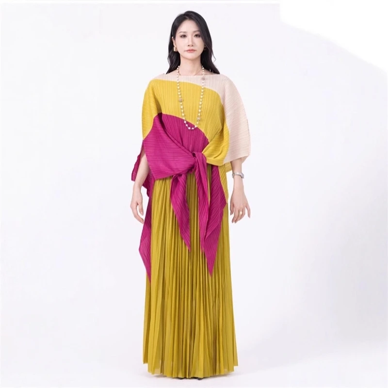 

YUDX Miyake Colour Blocking Patchwork Pleated Women's Two-piece Set 2025 Summer Irregular Top + Elastic Waist Wide Leg Pants Set