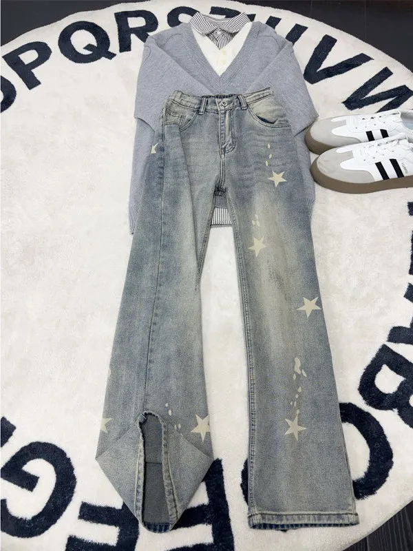 

American High Street Men's Bell Bot Jeans Star Print Waed Slim Straight Leg Trousers High Waist Youth Faion Cotton