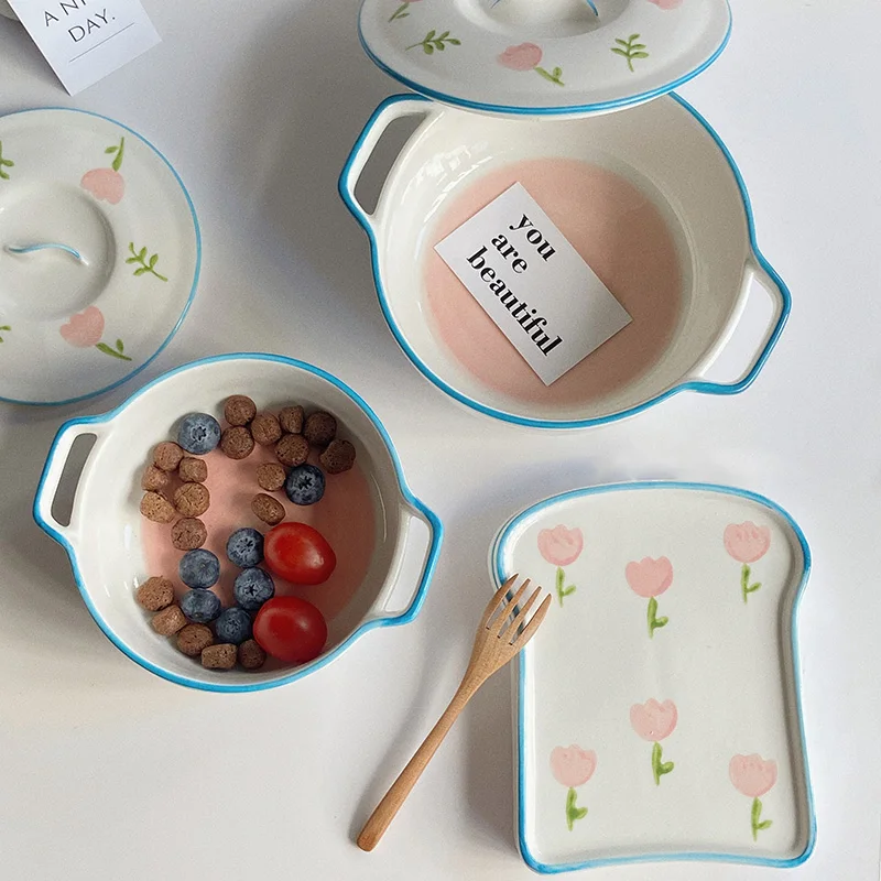 Korean Style Ins Ceramic Plate Creative Toast Shape Floral Porcelain Tableware Breakfast Bread Fruit Cake Dessert Plates