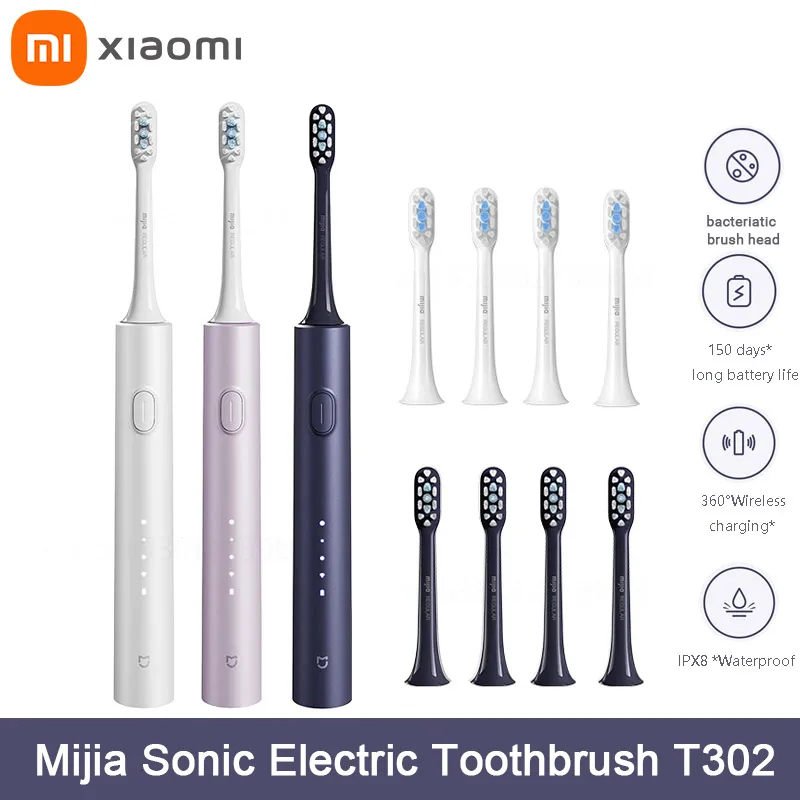 XIAOMI Mijia Cepillo de dientes eléctrico sónico T302 3 colores 4 cabezales IPX8 resistente al agua 360 °   Carga inalámbrica 4 modos Limpieza de dientes