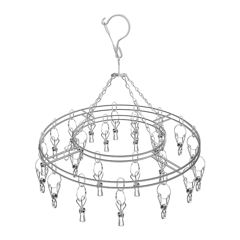 Windproof stainless steel round hanging drying rack with 20 clips drying socks baby clothes laundry accessories