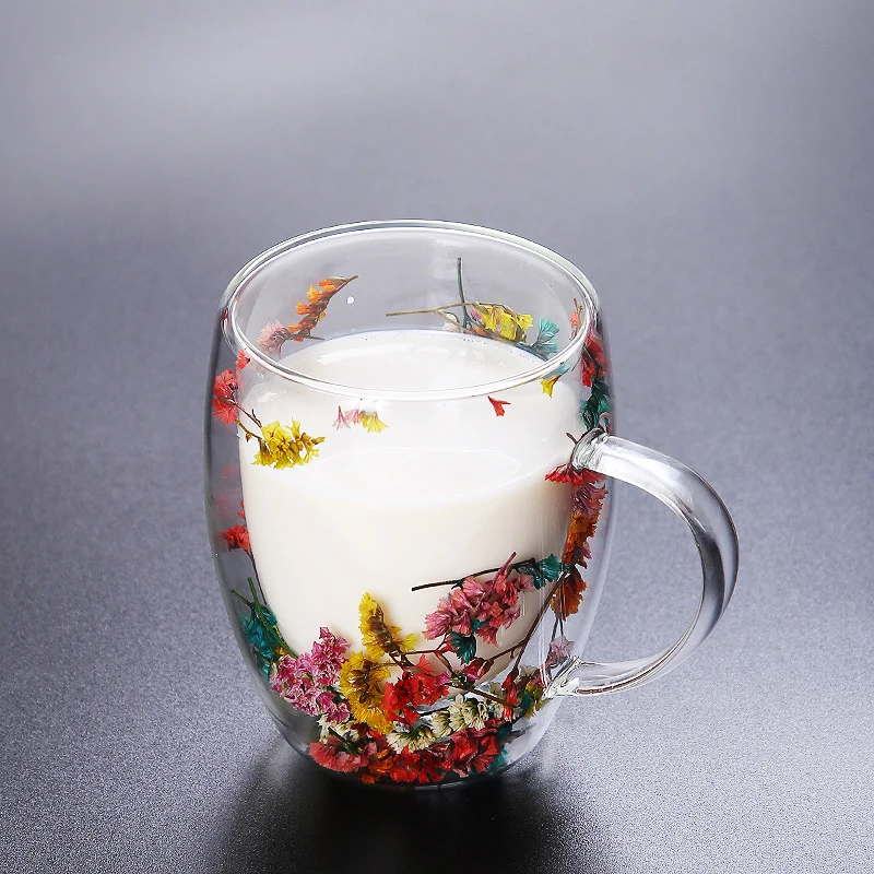 1/2/4pcs Fillings Dry Flowers Double Wall Glass Cup With Handle Heat Resistant Tea Coffee Cups Espresso Milk Mug Creative Gift