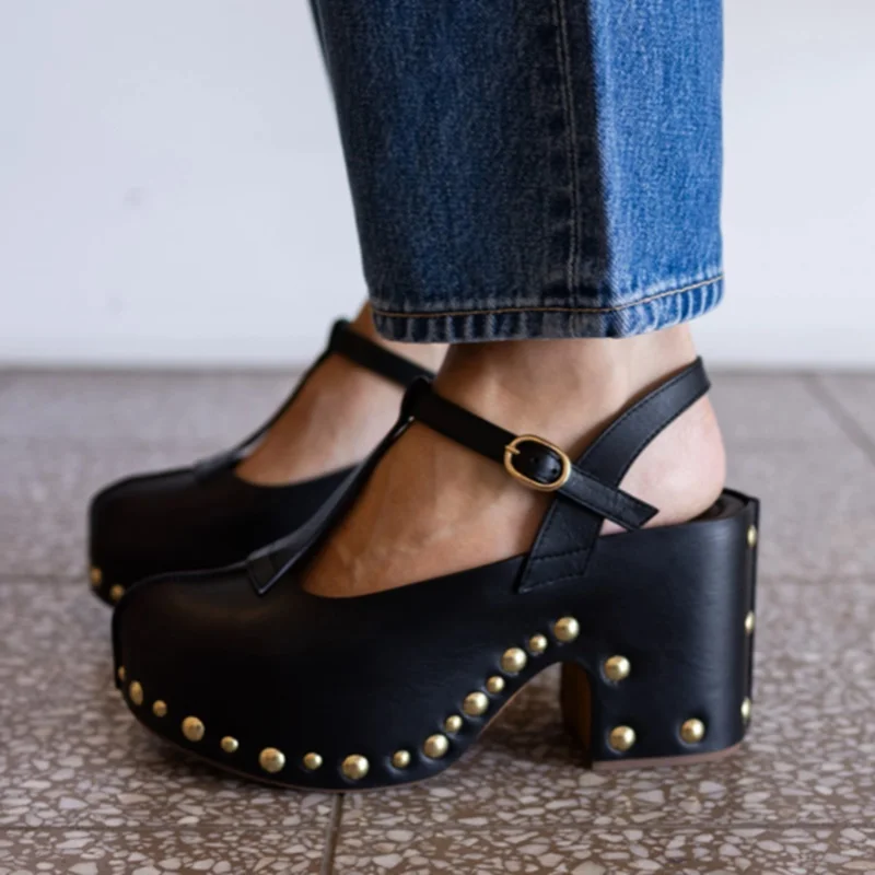 Vintage Gold Rivet Platform Clogs Slingback Sandals Black Black Faux Leather Chunky Block Heel T‑Strap Studded Street‑wear