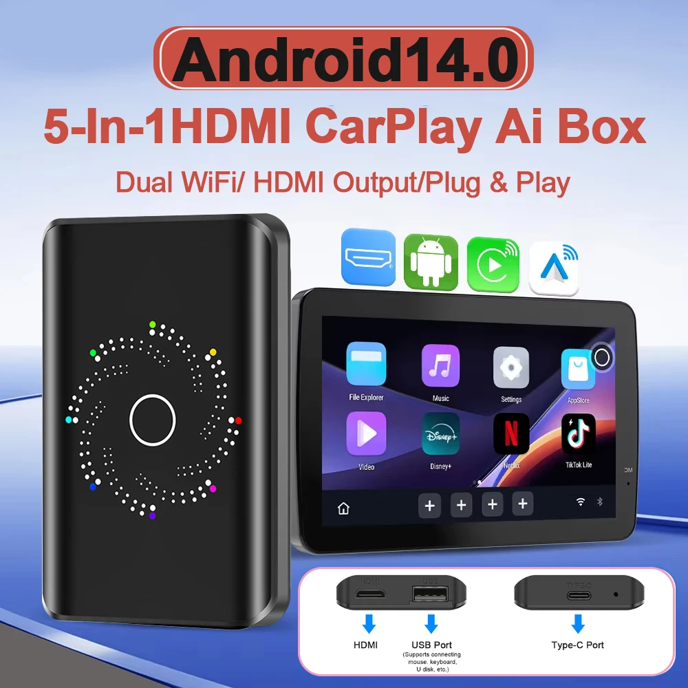 Android 14.0 Android Ai Box Wireless CarPlay &Android Auto & HDMI For Netflix YouTube 2.4Ghz &5Ghz WiFi Auto Connect