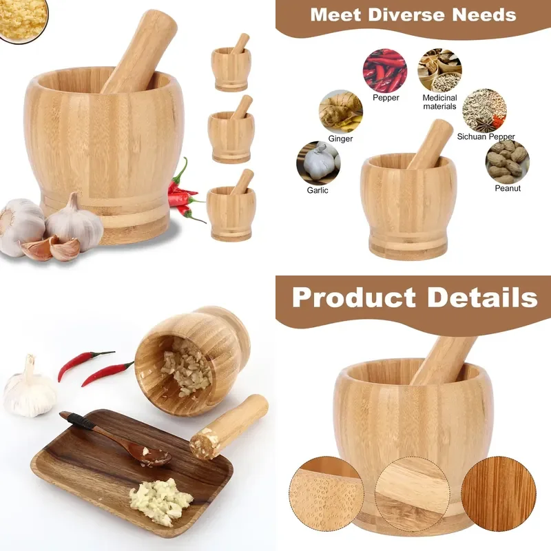 Bamboo Pestle and Mortar Set Garlic Grinder Herb Spice Masher Seasoning Crusher Kitchen Tools for Grinding Spices Pepper