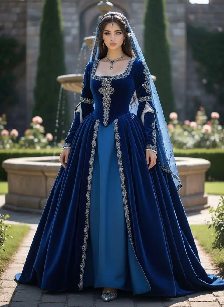 Medieval Tudor Royal Renaissance Blue Ball Gown Queen Elizabeth  Prom Dress Cosplay Mary Boleyn Velvet Floor Length Dress