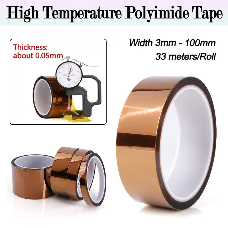 1Roll 33MetersPolyimide Tape 5mm ~ 100mm Adhesive High Temperature Resistant Insulating Single Sided Tape for Board Protection
