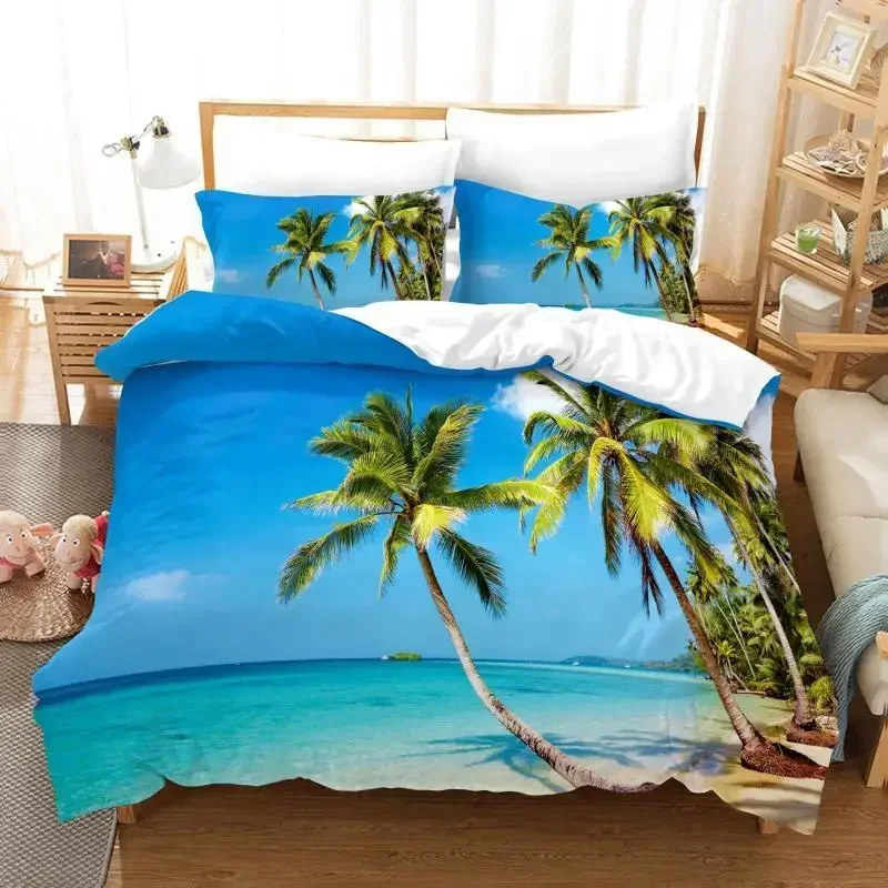 Ocean Duvet Cover Set Summer Beach Decor Hawaiian Vacation Style Bedding Set Palm Tree Tropical Nature Sea Polyester Quilt Cover