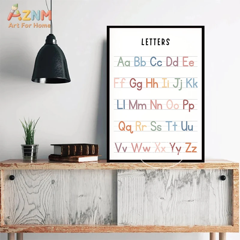 AZNM Boho Educational Canvas Wall Art Alphabet Number Counting Shape Month Week Nursery Kids Learning Pastel Aesthetic Unframed