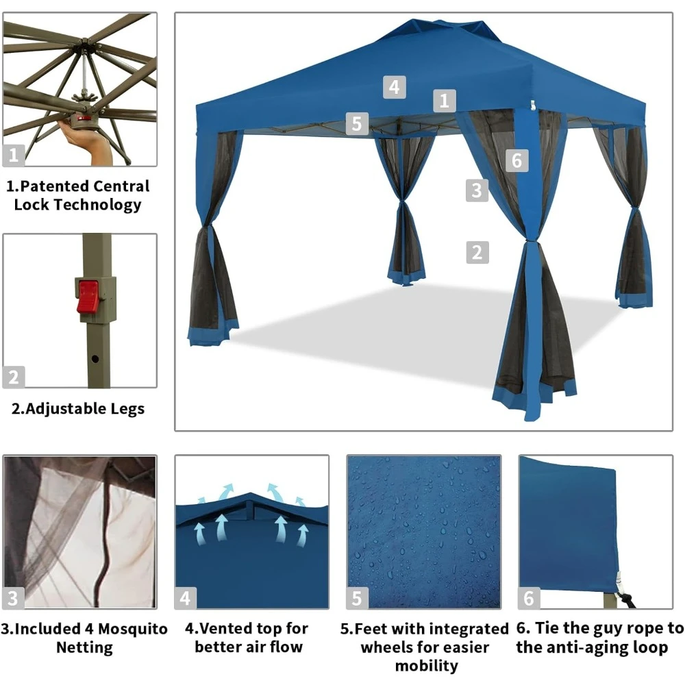 Toldo de 10x10 pies para exteriores, refugio con 4 paredes laterales de mosquitera, bloqueo central de empuje