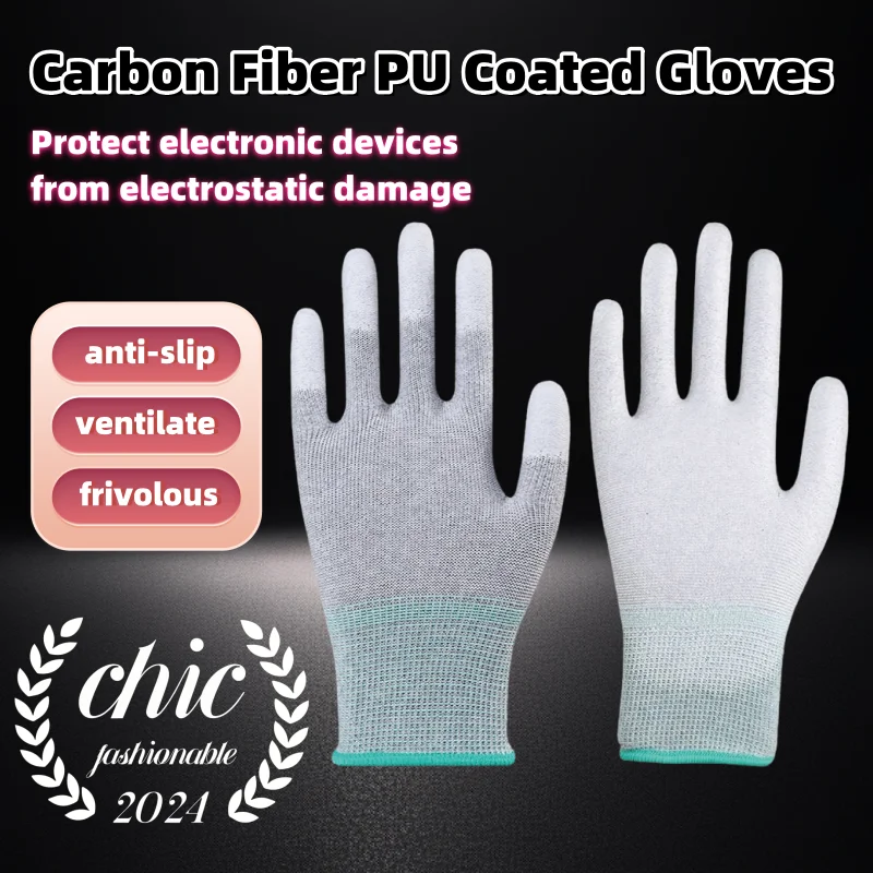 

10 Pairs Full palm carbon fiber pu coating, Anti-static, Breathable, Full Palm, Flexible and Firm, for Safe Work，Single 12g
