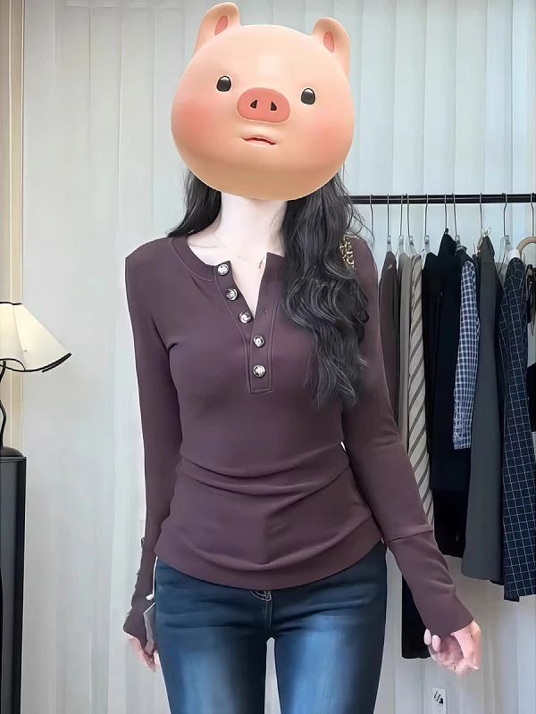 

Футболка больших размеров приталенного кроя с V-образным вырезом на пуговицах, повседневная, базовый слой, термостойкая, с длинным рукавом, осенне-зимняя мода