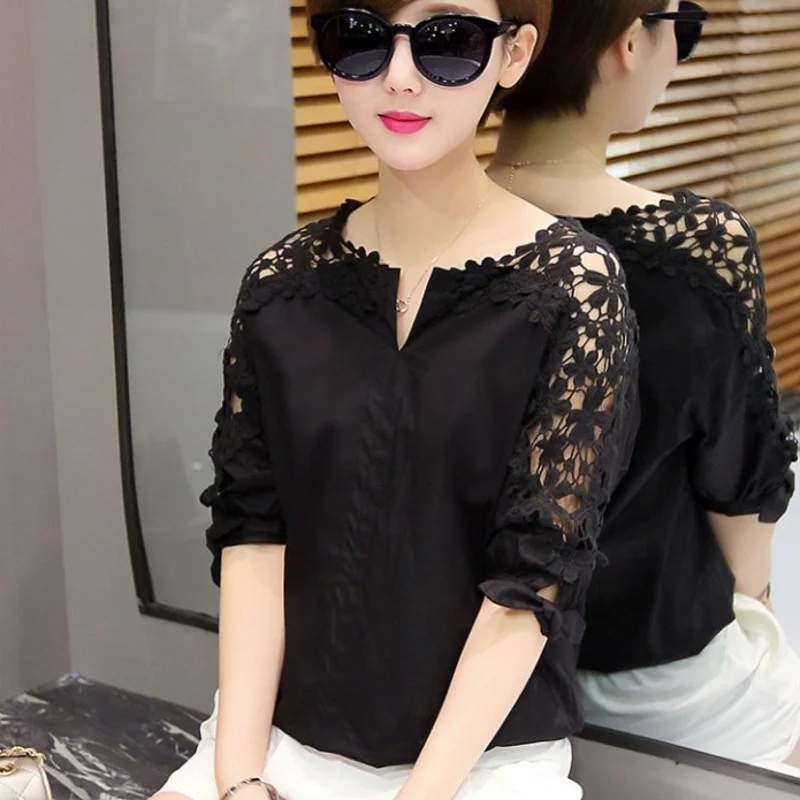 Lace White Shirt Women's Summer Professional Half Sleeve Top T-shirt with Short Sleeves Loose plus Size Slimming Shirt