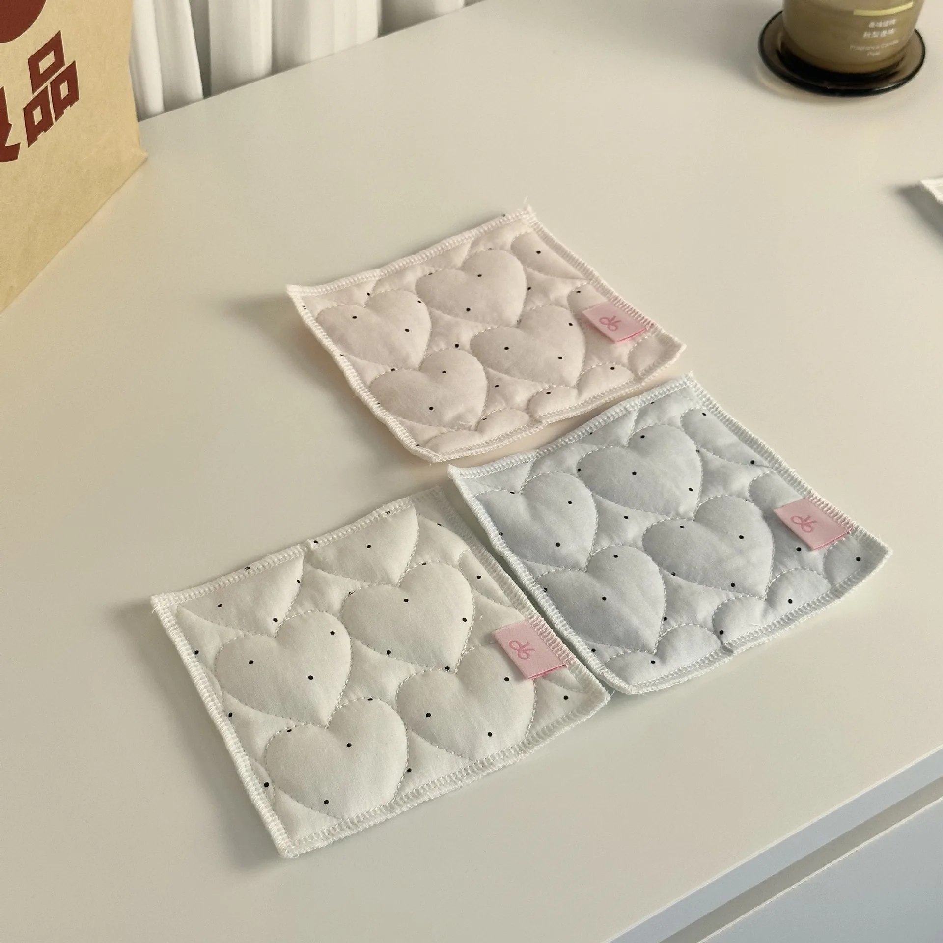 Kawaii Double Sided Quilted Coaster Ladies Heart Stitch Dot Cloth Cup Pad Reversible Plaid Table Protection Coffee Mug Coaster - view 2