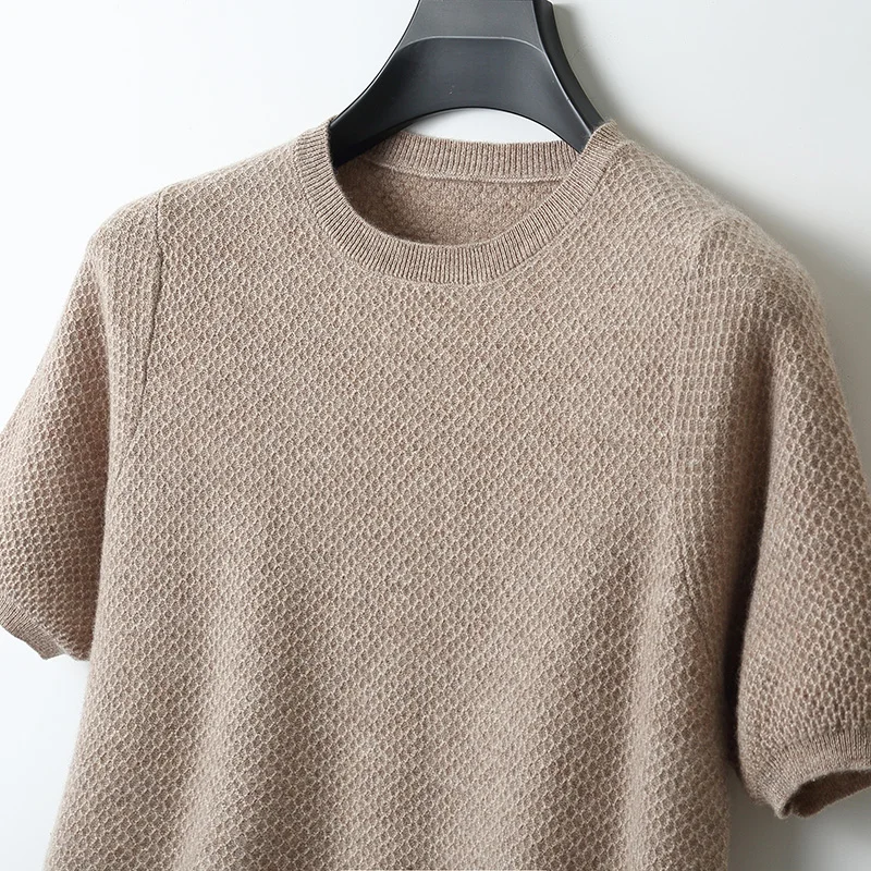 

Свитер мужской с круглым вырезом и короткими рукавами, свитер сотовой иглой, молодежная футболка, свободная однотонная кашемировая трикотажная рубашка