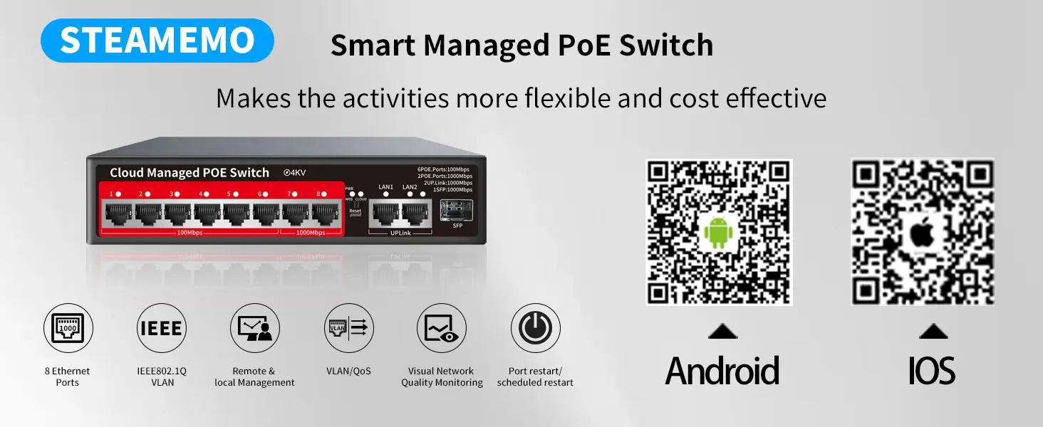 Web Manag Ethernet Switch 8 Port 48V Cloud-managed POE Switch Desktop 100/1000Mbps SFP APP Switch Pulg And Play For IP Camera