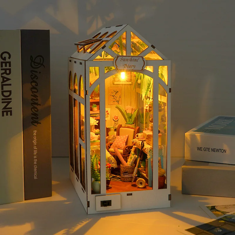 DIY Book Nook Wooden Miniature Model Kits Sunshine Diary Bookend 3D Puzzle with LED Light Bookshelf for Friends Birthday Gifts