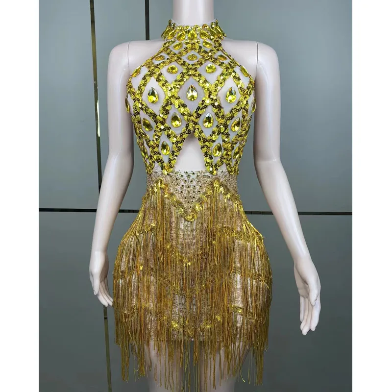 

Shining Rhinestones Sequins Tassel Short Dress Singer Dancer Sexy Backless Fringe Stage Costume Birthday Party Prom Crystal Gown