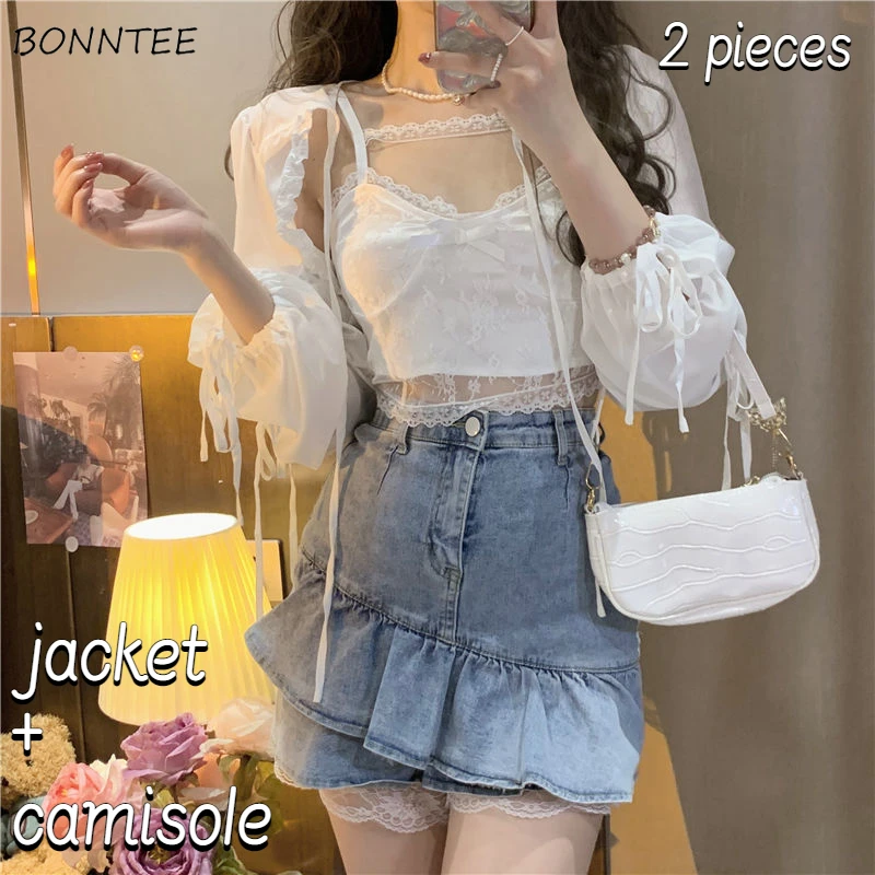 Sweet Camisole Sets Women Skinny Sexy Crop Jackets Simple Pure All-match Lace Korean Style Summer Sun-proof Ladies Bandage Chic