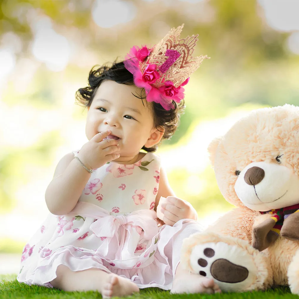 

Princess Crown Headband for Baby Girl 1St Birthday Rose Lace Mesh Headdress Girls Hair Accessories Party Photo Prop Rosy